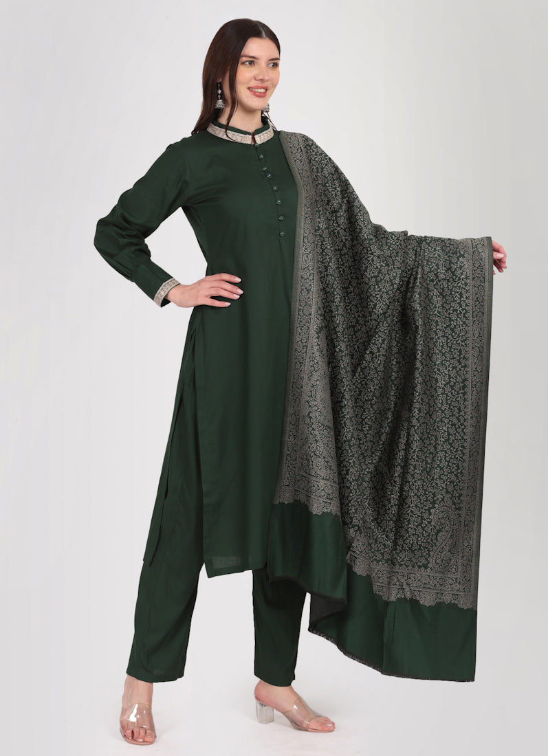Dark Green Straight Cut Shawl Suit Set