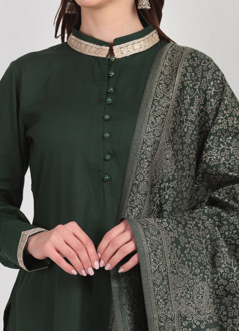 Dark Green Straight Cut Shawl Suit Set