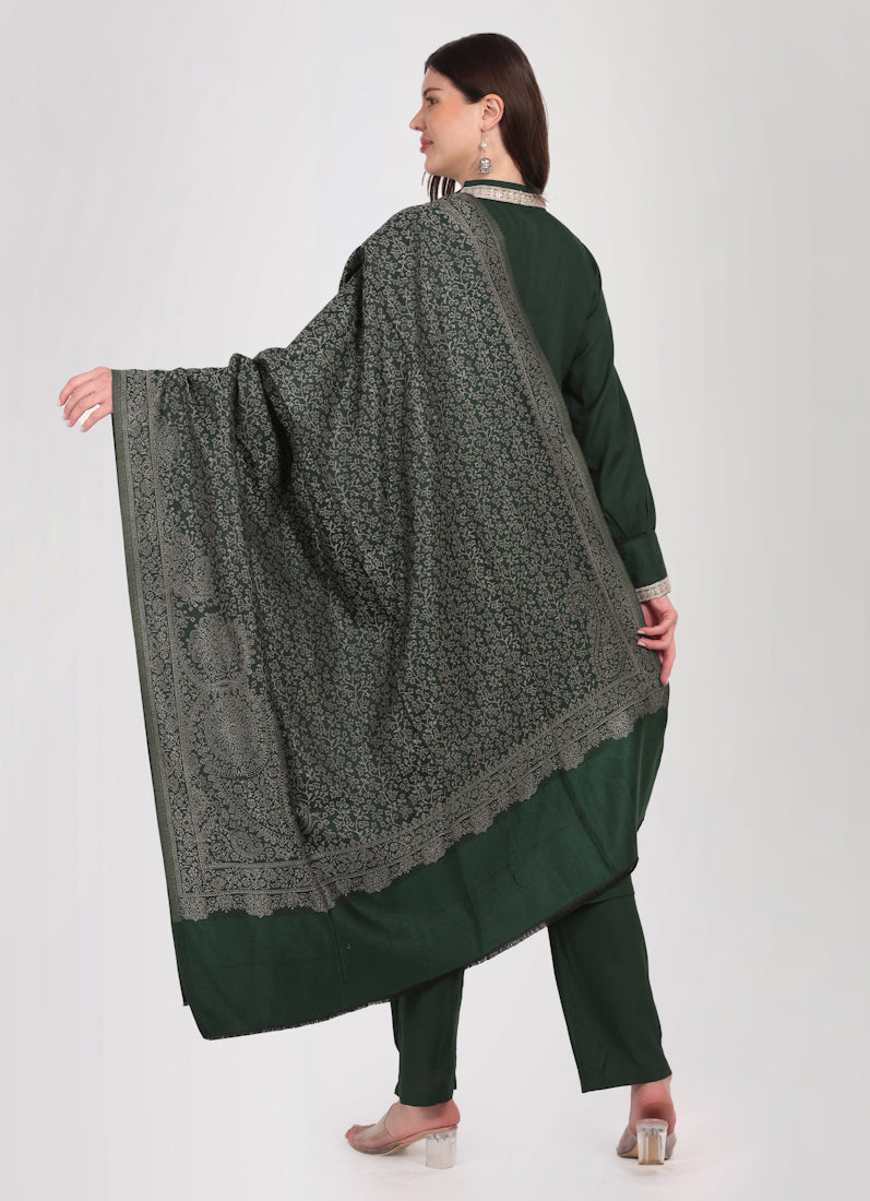 Dark Green Straight Cut Shawl Suit Set
