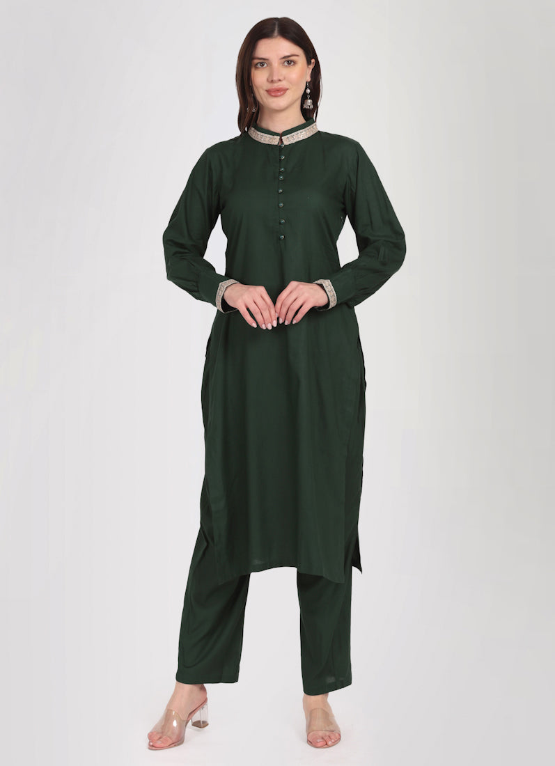 Dark Green Straight Cut Shawl Suit Set