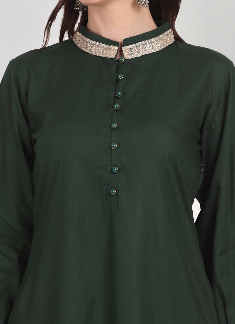 Dark Green Straight Cut Shawl Suit Set