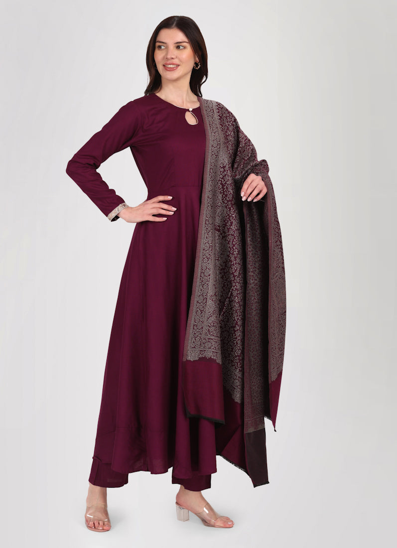 Purple Bias Cut Shawl Suit Set