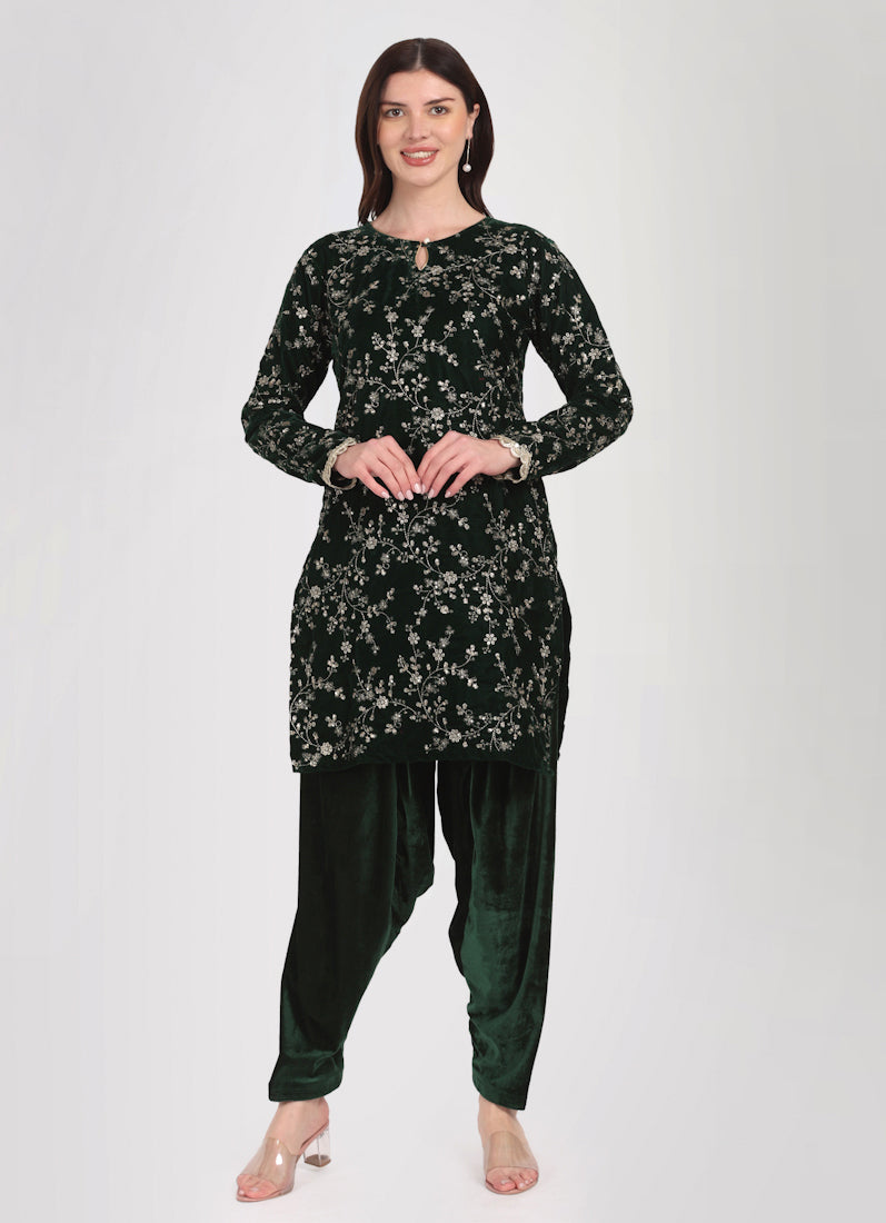 Dark Green Velvet Embroidered Suit Set