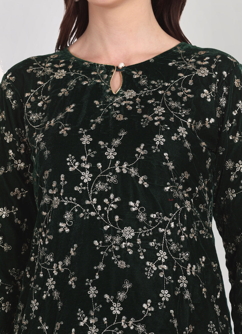 Dark Green Velvet Embroidered Suit Set