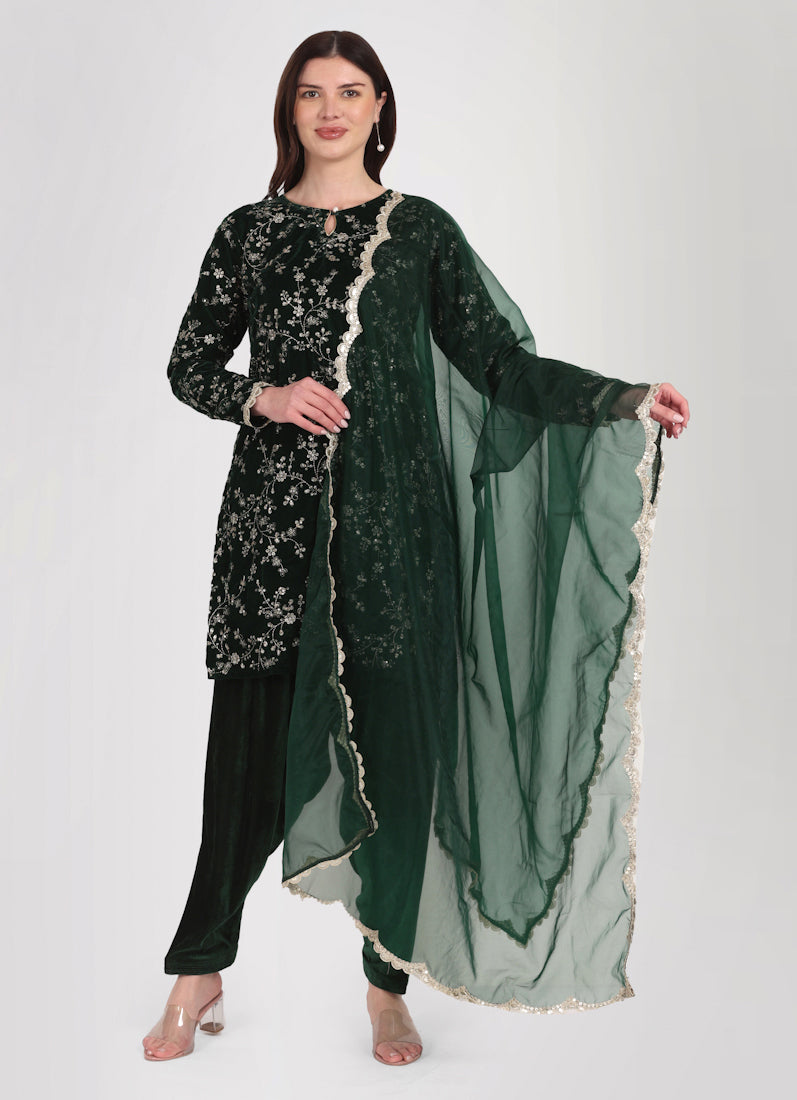 Dark Green Velvet Embroidered Suit Set