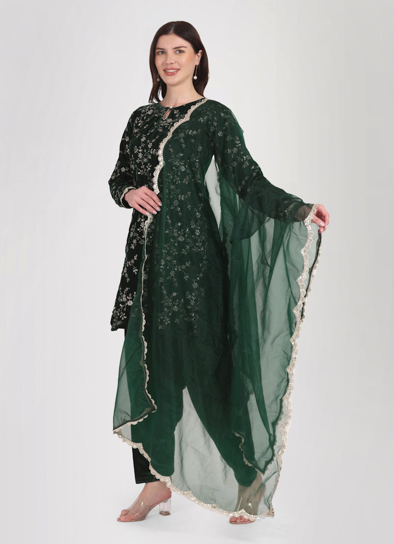 Dark Green Velvet Embroidered Suit Set