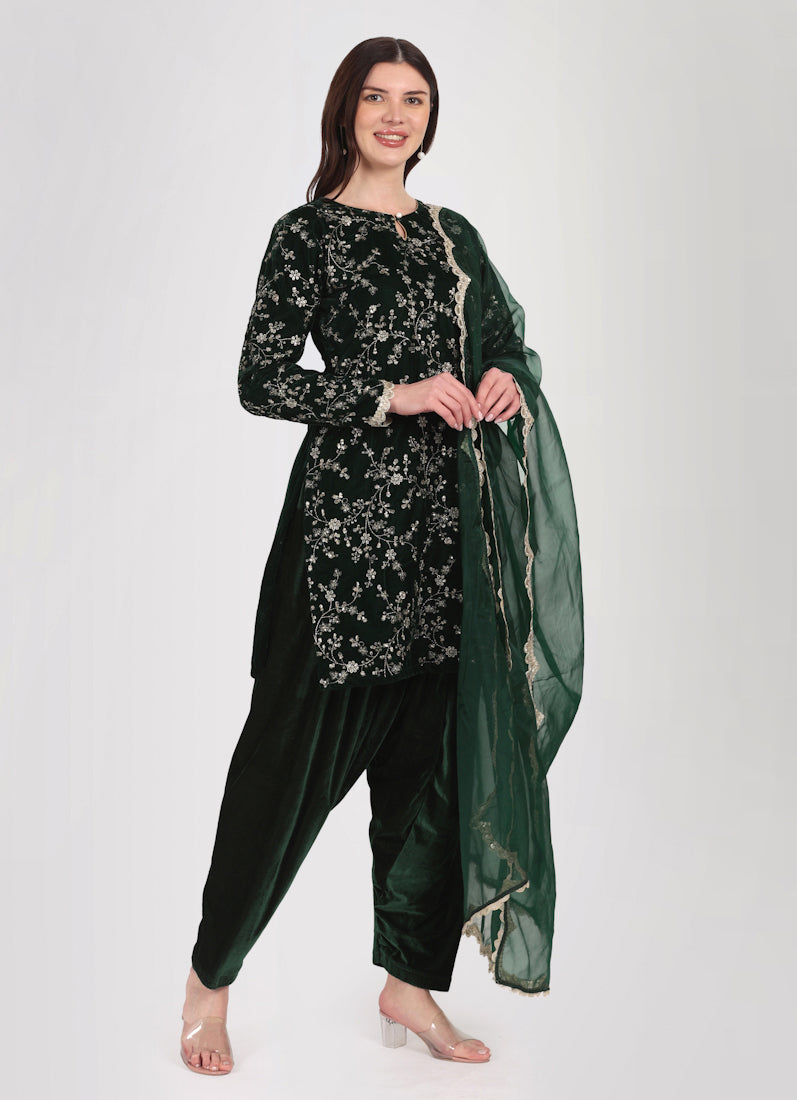 Dark Green Velvet Embroidered Suit Set