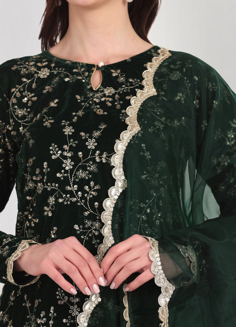 Dark Green Velvet Embroidered Suit Set
