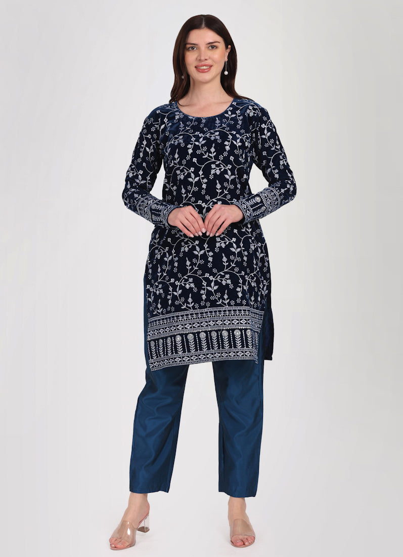 Navy Blue Velvet Embroidered Suit Set
