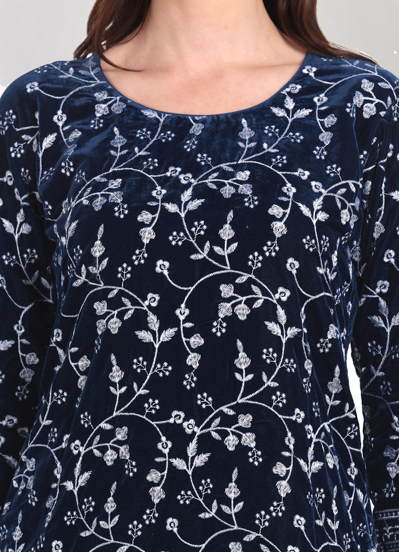 Navy Blue Velvet Embroidered Suit Set
