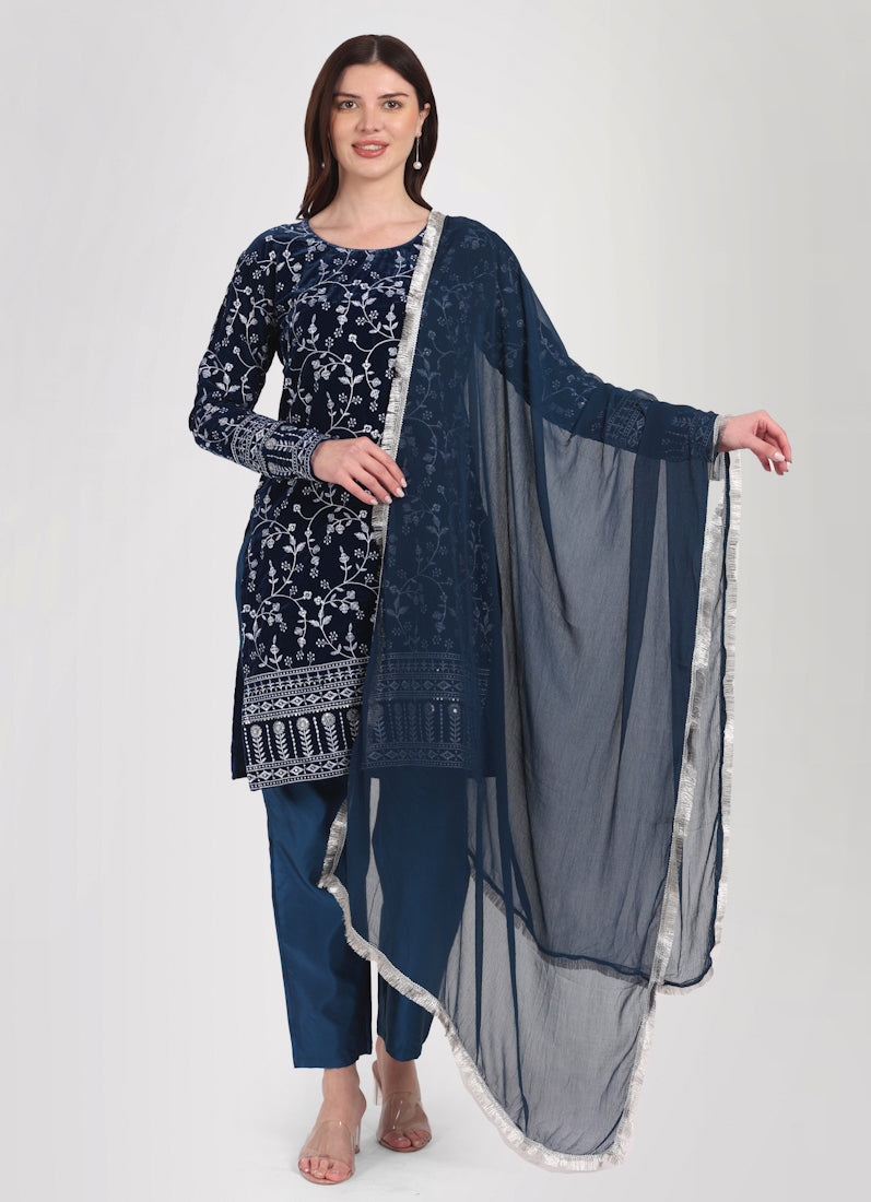 Navy Blue Velvet Embroidered Suit Set