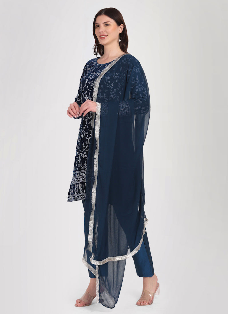 Navy Blue Velvet Embroidered Suit Set