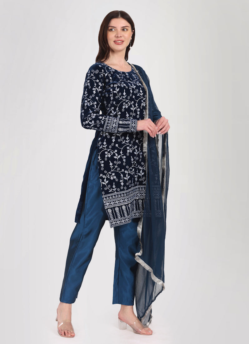 Navy Blue Velvet Embroidered Suit Set