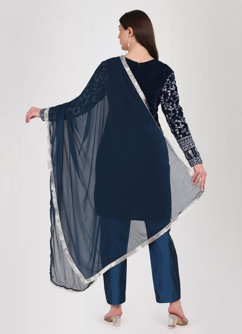 Navy Blue Velvet Embroidered Suit Set