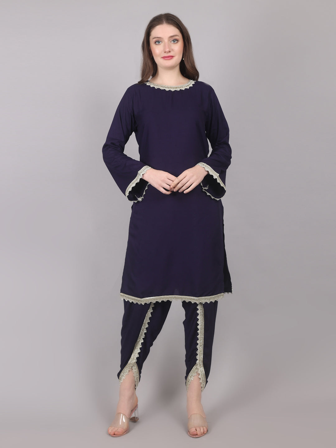 Navy Blue Rayon Shawl Suit Set