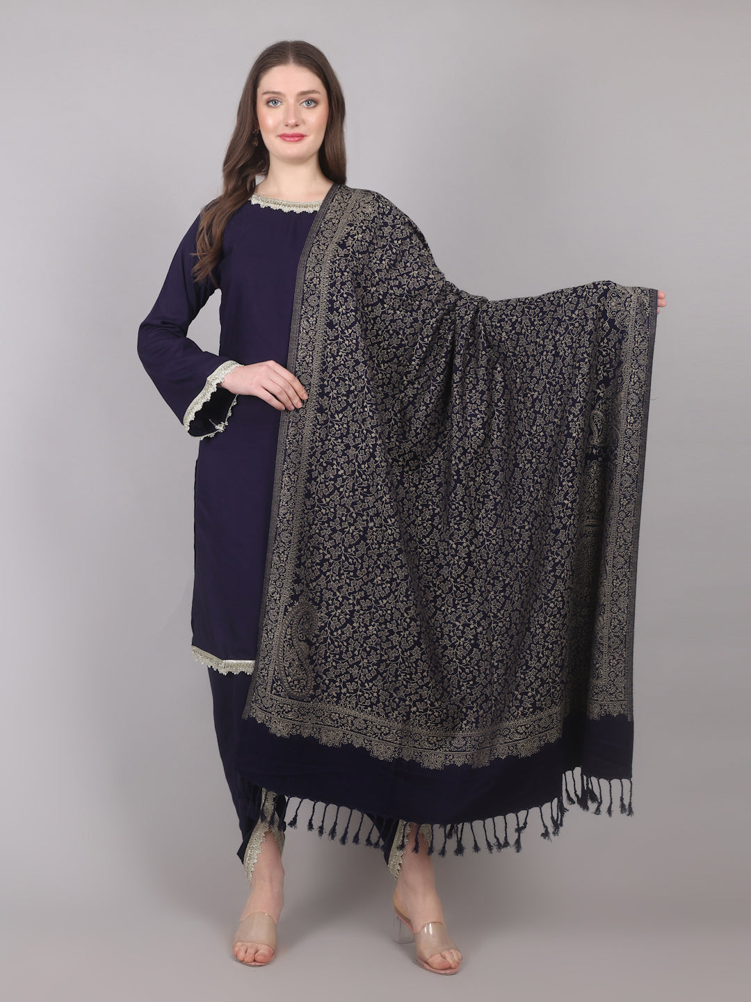 Navy Blue Rayon Shawl Suit Set