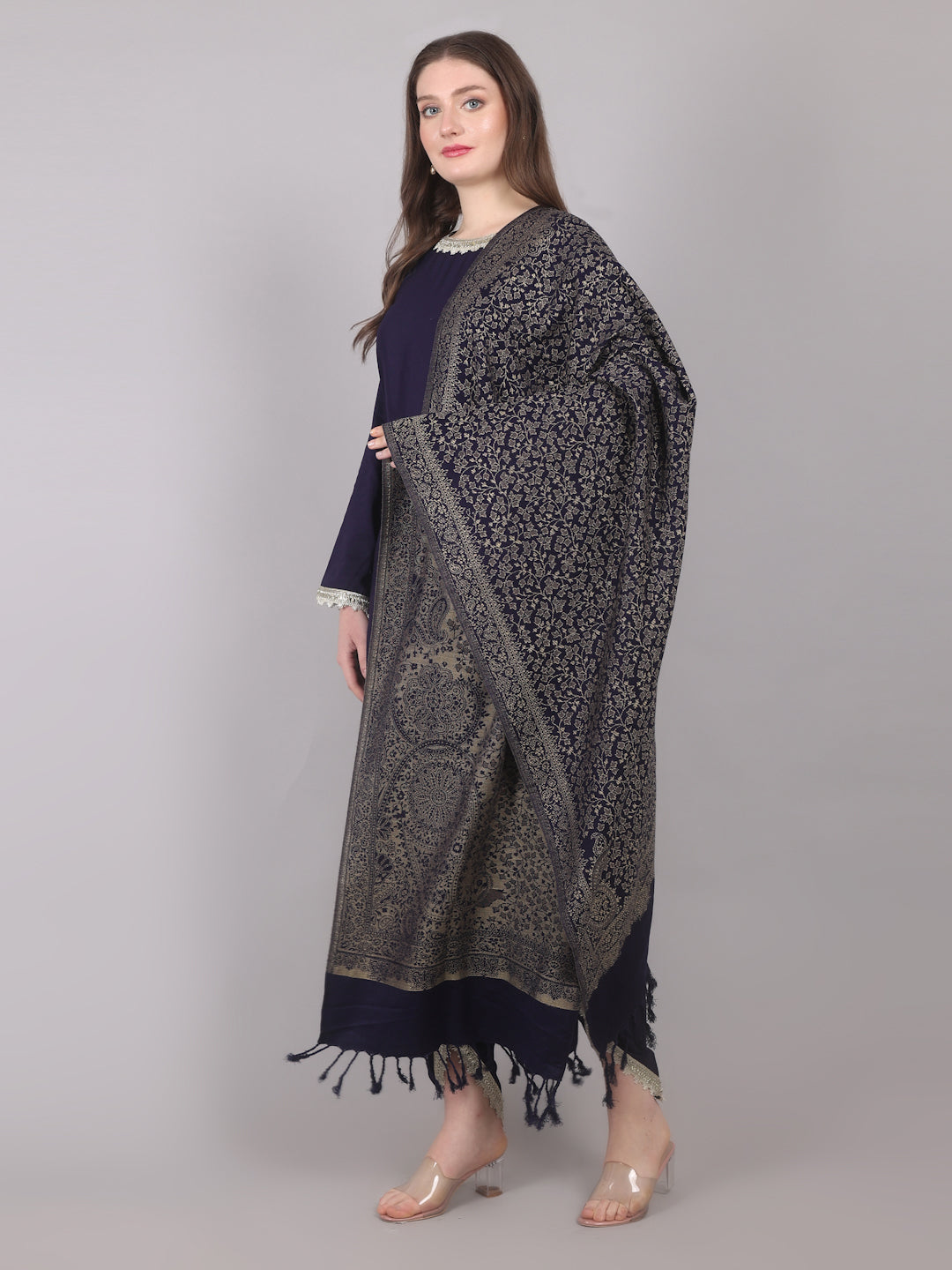 Navy Blue Rayon Shawl Suit Set