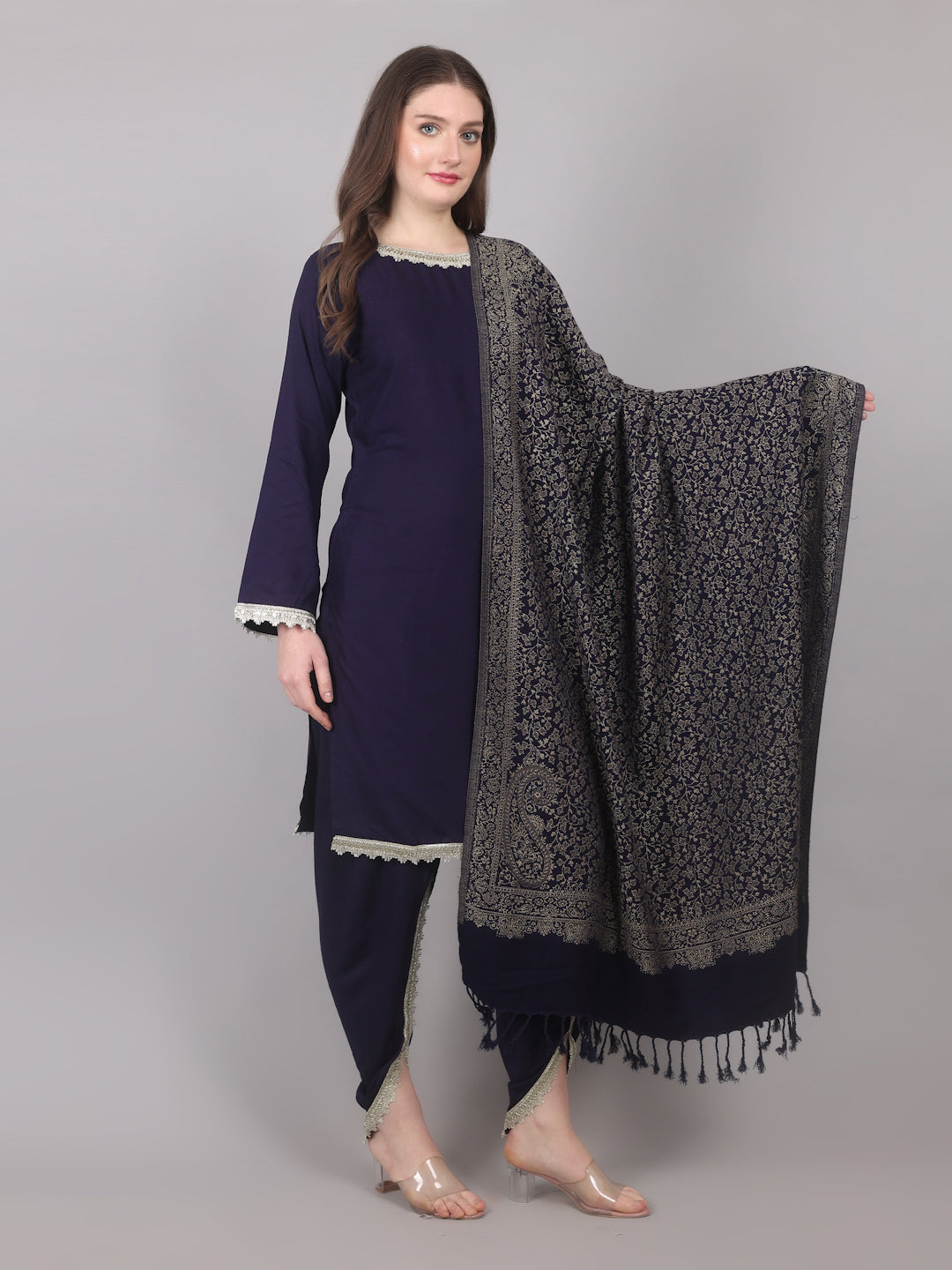 Navy Blue Rayon Shawl Suit Set