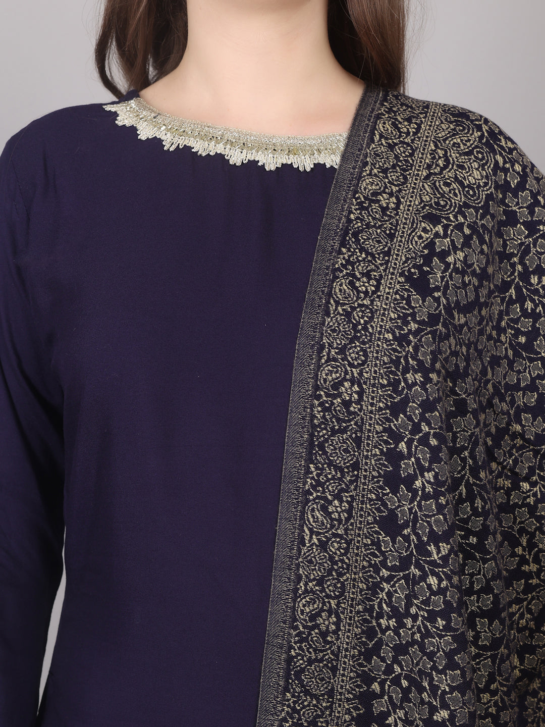 Navy Blue Rayon Shawl Suit Set
