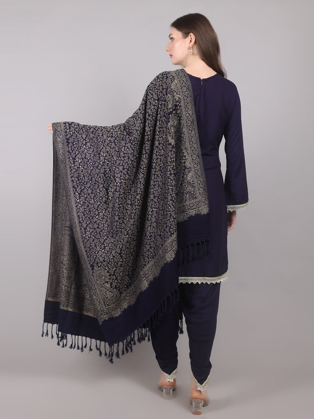 Navy Blue Rayon Shawl Suit Set