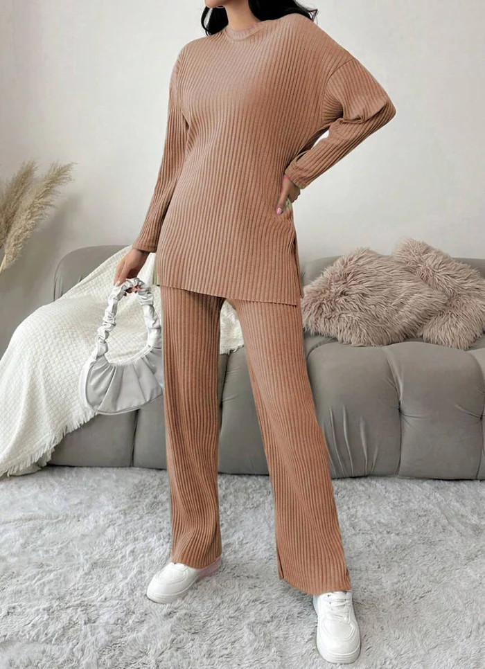 Tan Cotton Ribbed Co-Ord Set