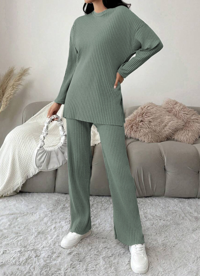 Dark Green Cotton Ribbed Co-Ord Set