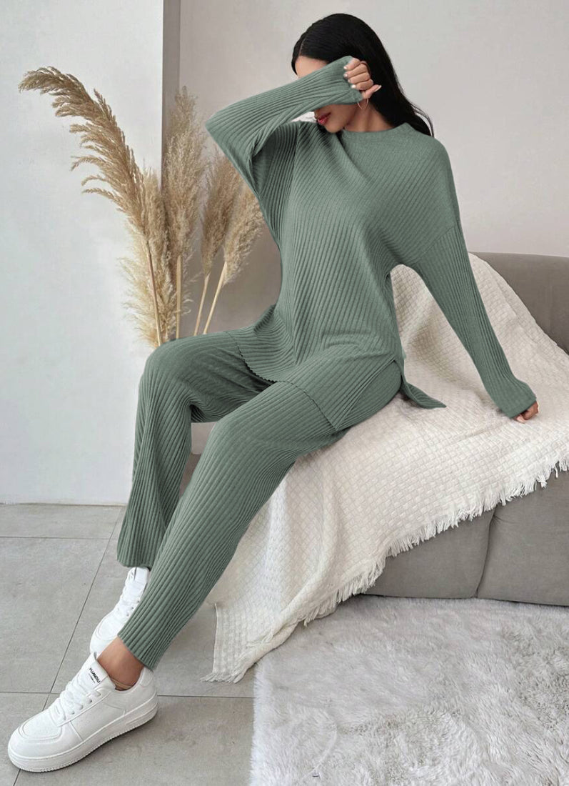 Dark Green Cotton Ribbed Co-Ord Set