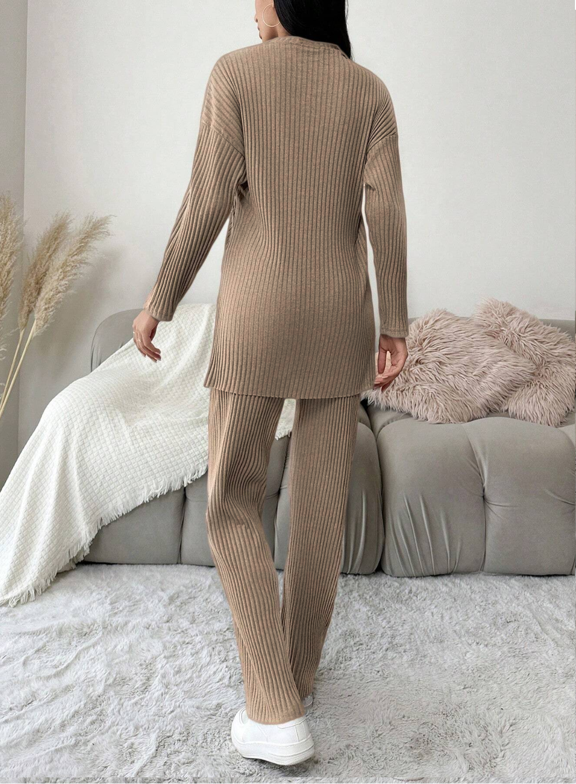 Tan Brown Cotton Ribbed Co-Ord Set