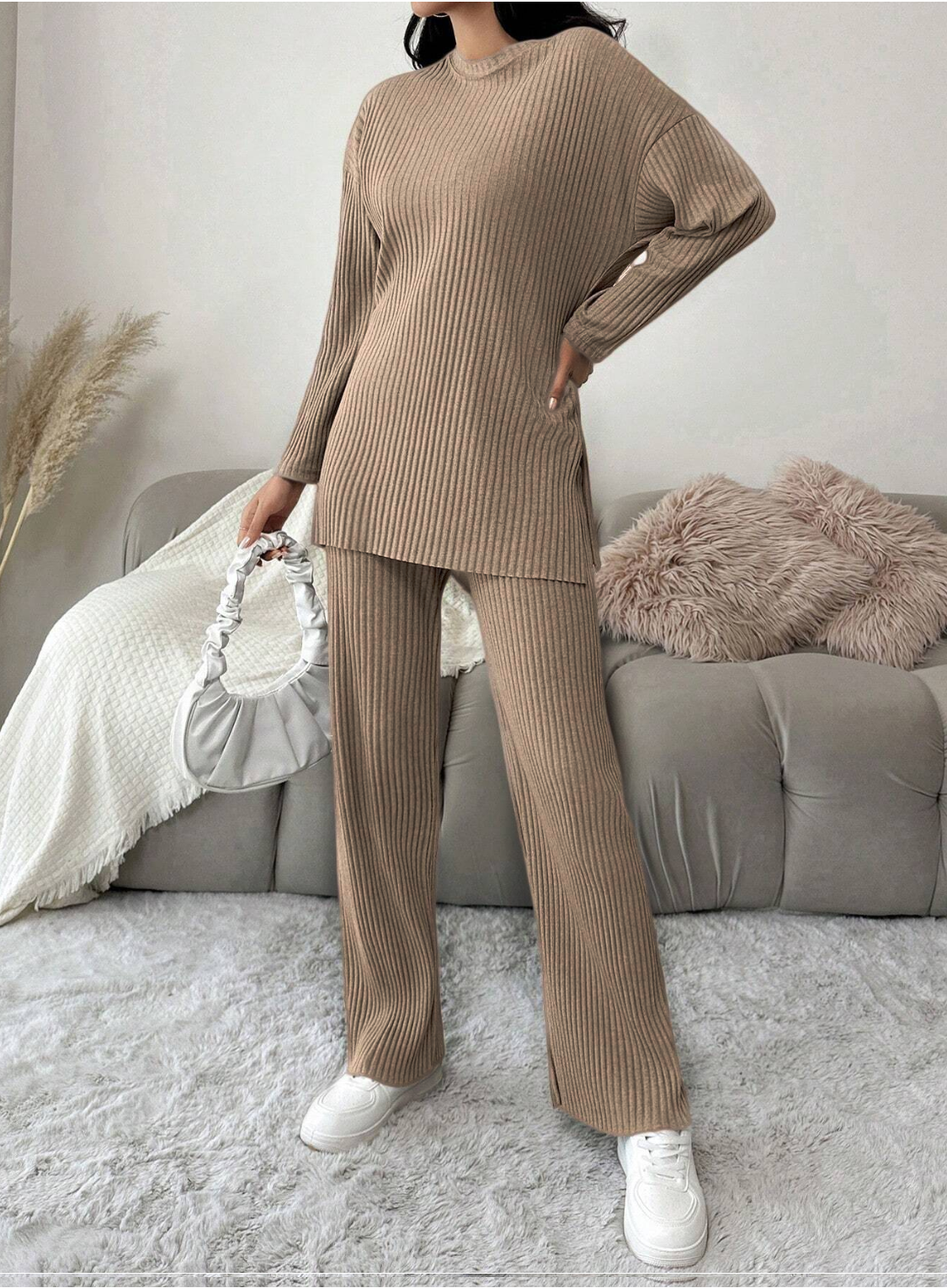 Tan Brown Cotton Ribbed Co-Ord Set