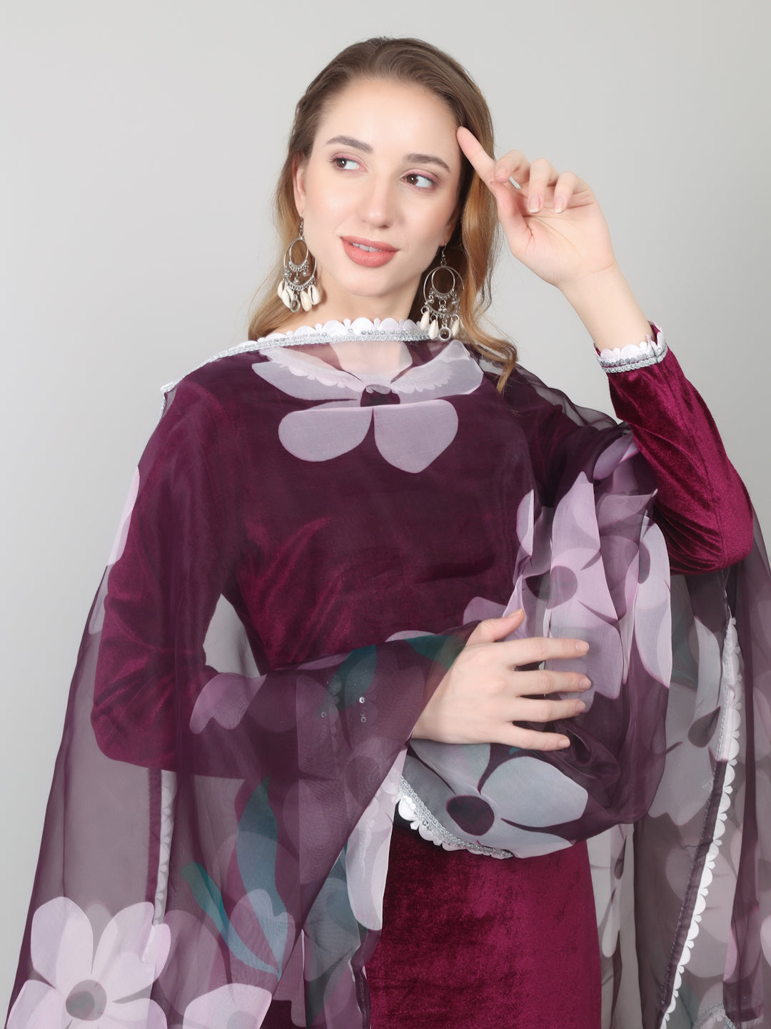Wine Velvet Printed Dupatta Suit Set
