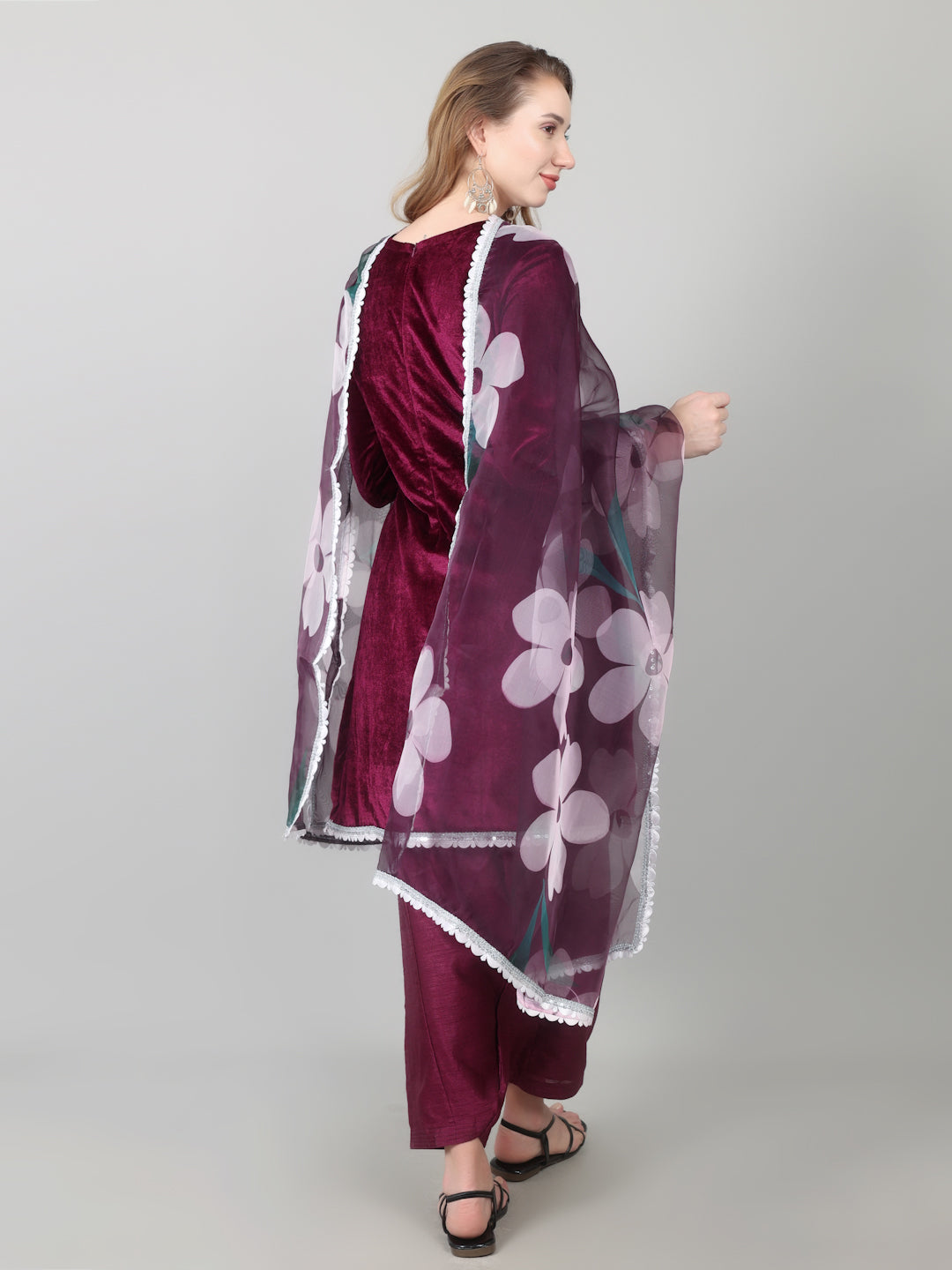 Wine Velvet Printed Dupatta Suit Set