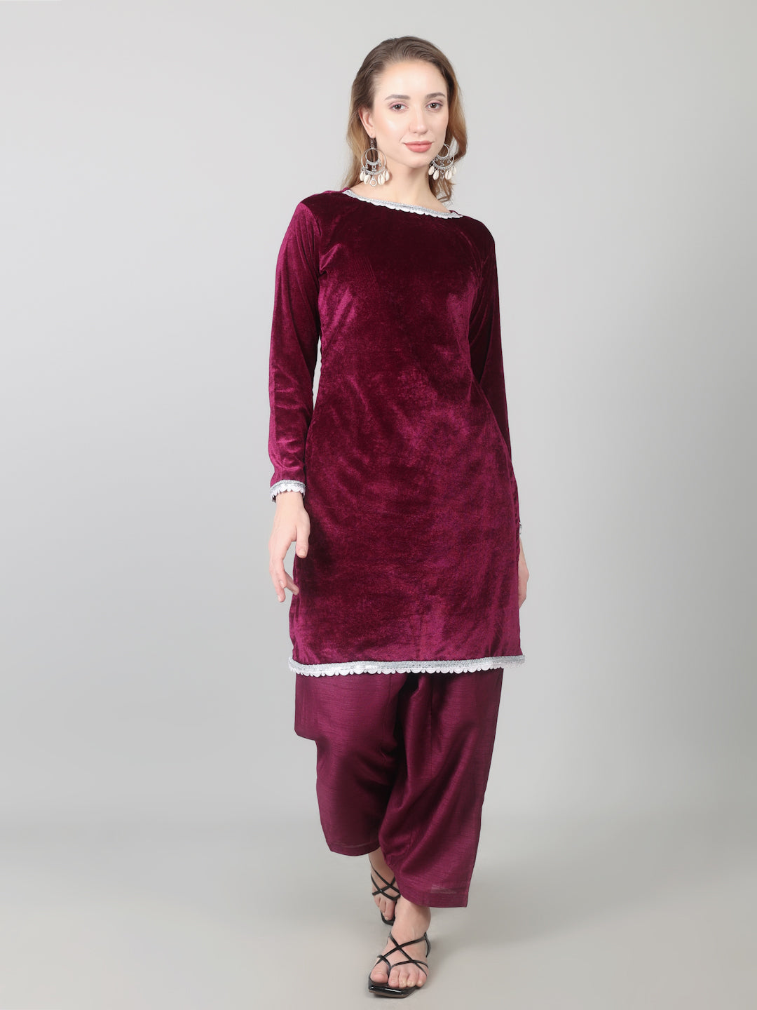 Wine Velvet Printed Dupatta Suit Set