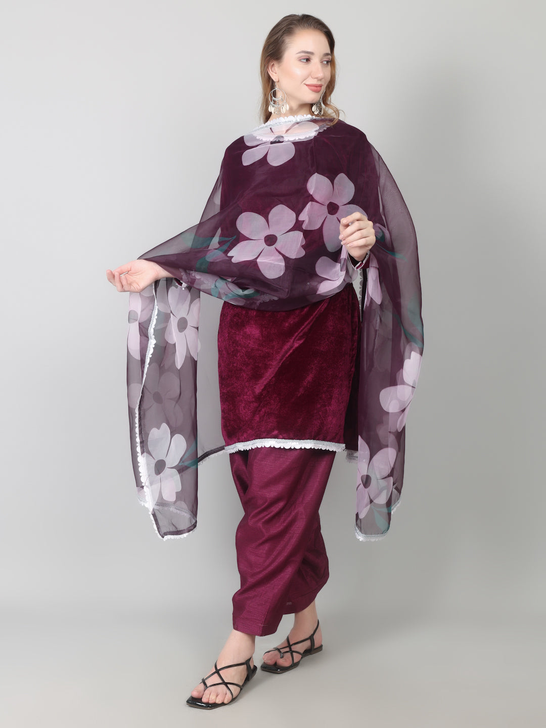Wine Velvet Printed Dupatta Suit Set