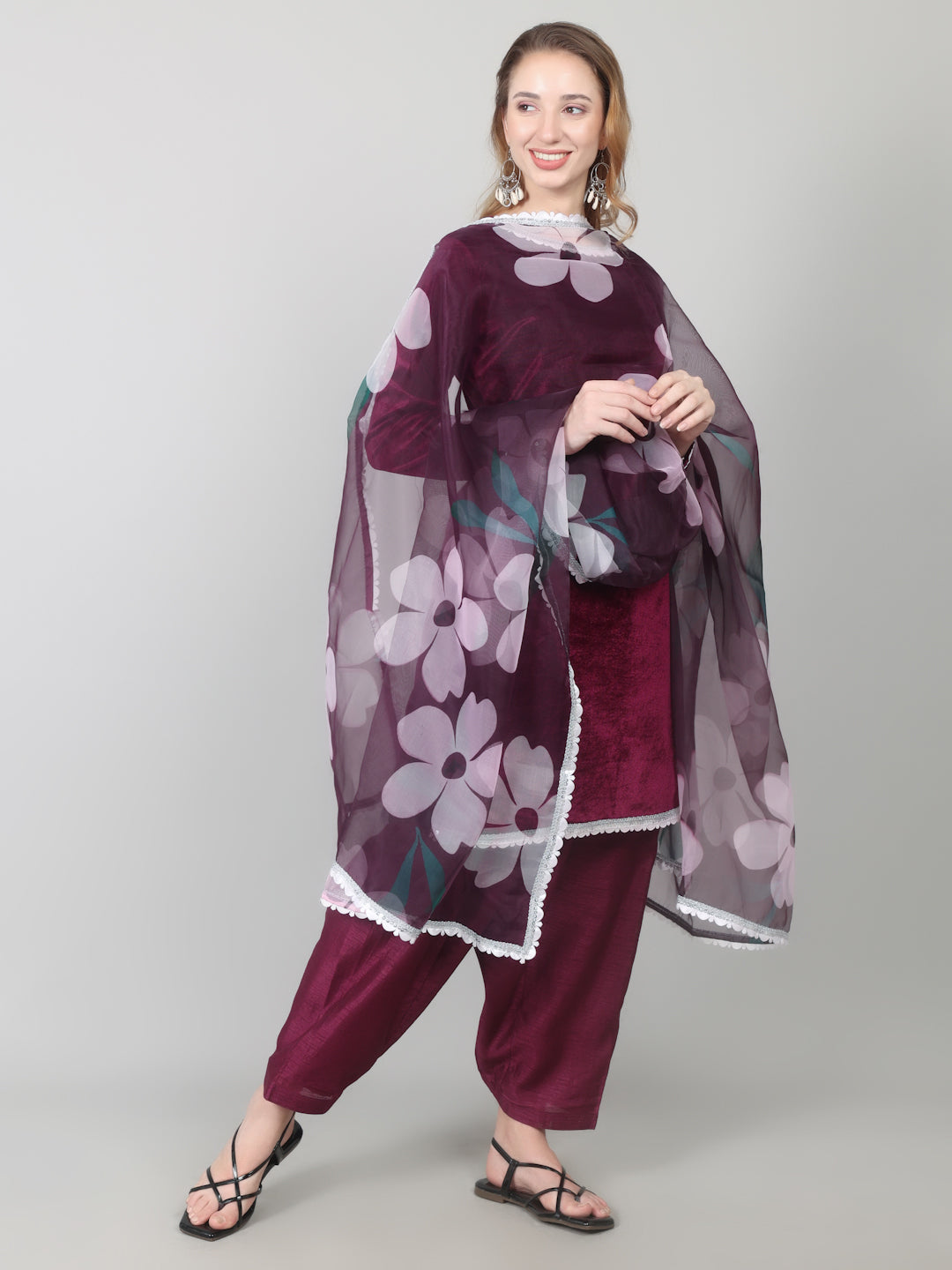 Wine Velvet Printed Dupatta Suit Set