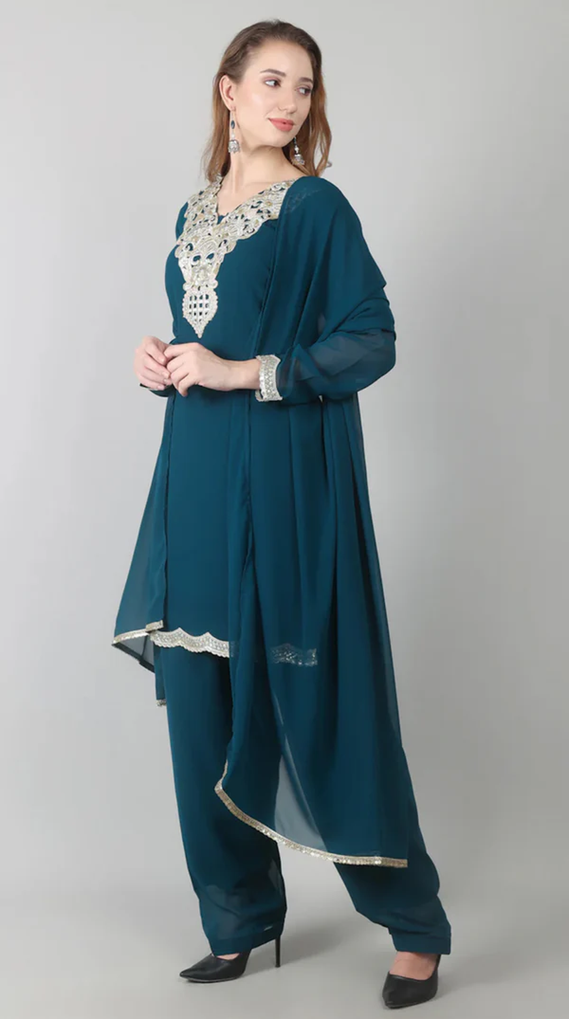 Teal Vichitra Georgette Shift Suit Set