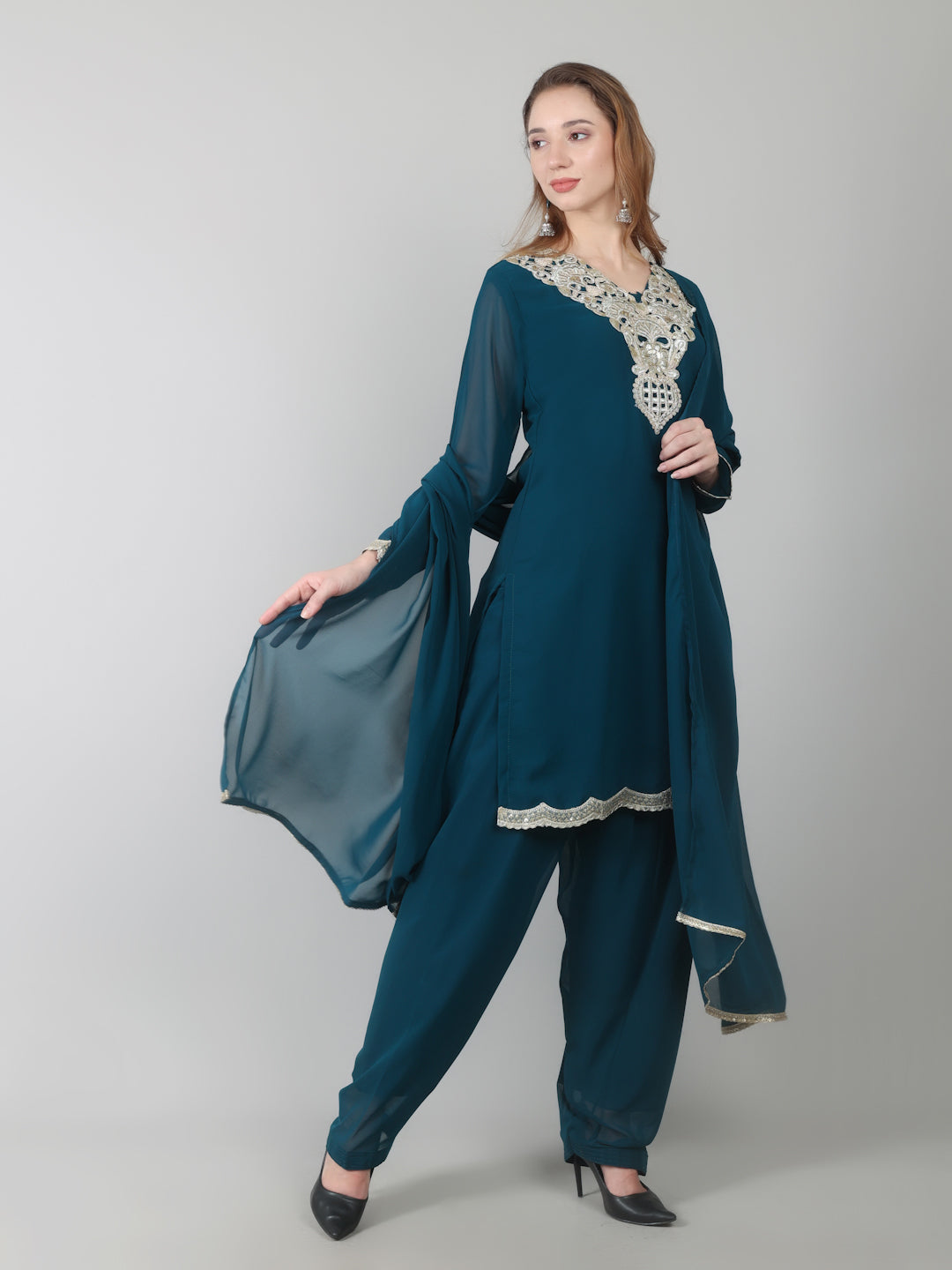 Teal Vichitra Georgette Shift Suit Set