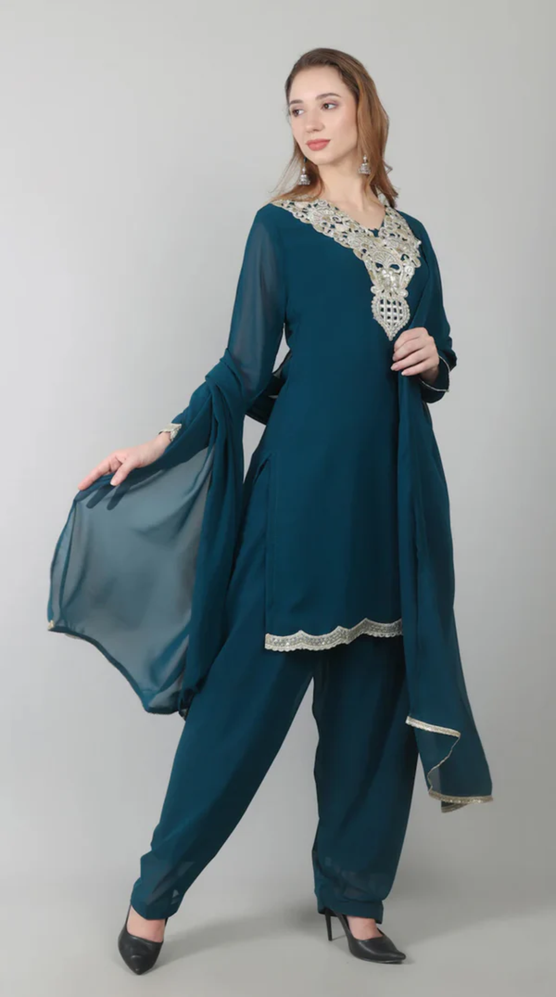 Teal Vichitra Georgette Shift Suit Set