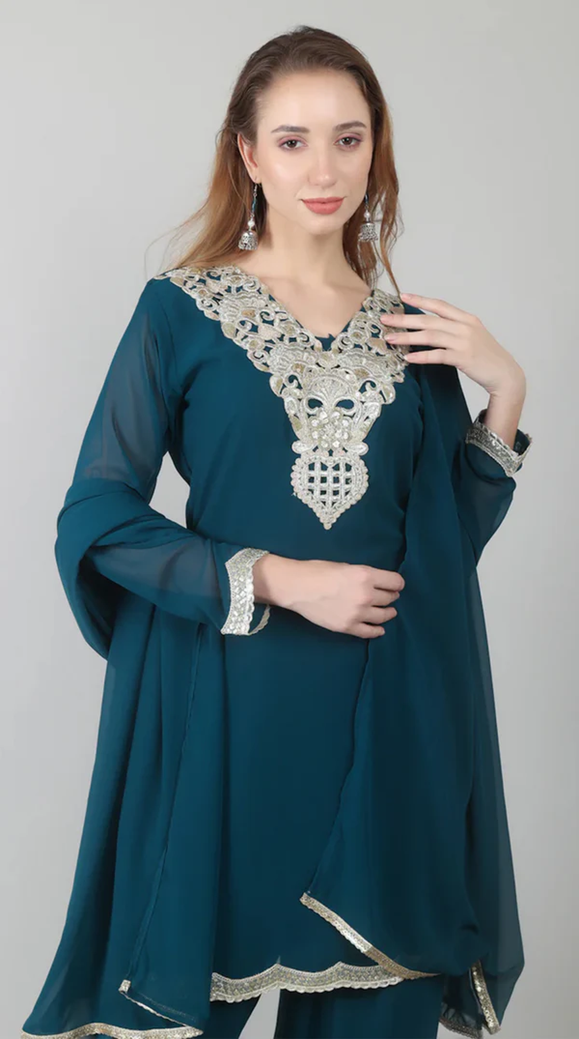 Teal Vichitra Georgette Shift Suit Set