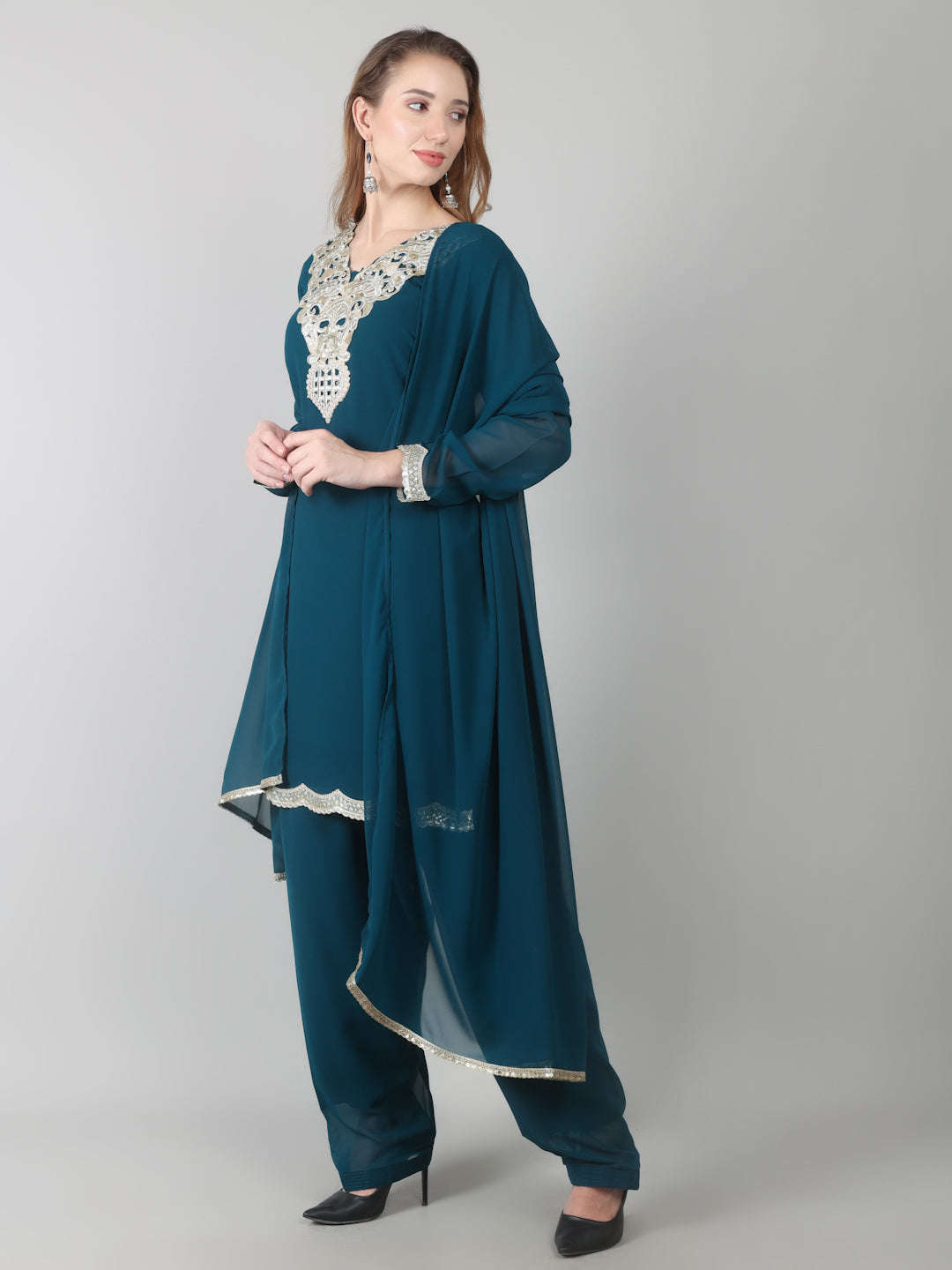 Teal Vichitra Georgette Shift Suit Set
