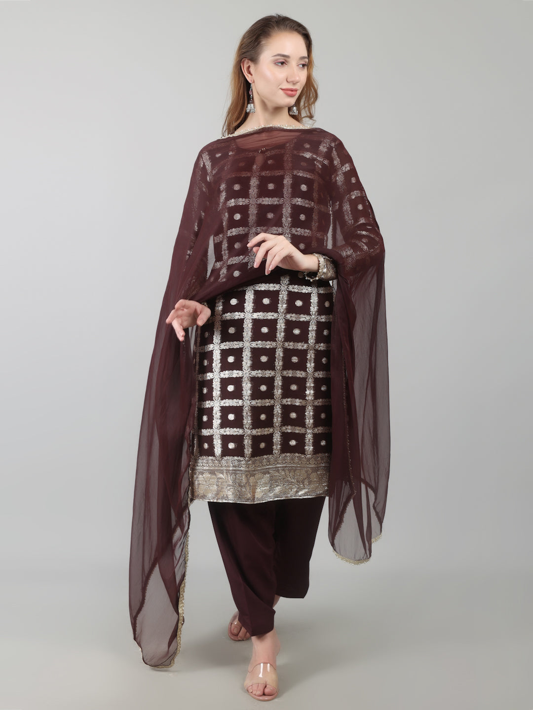 Brown Colour Georgette Jacquard Suit Set
