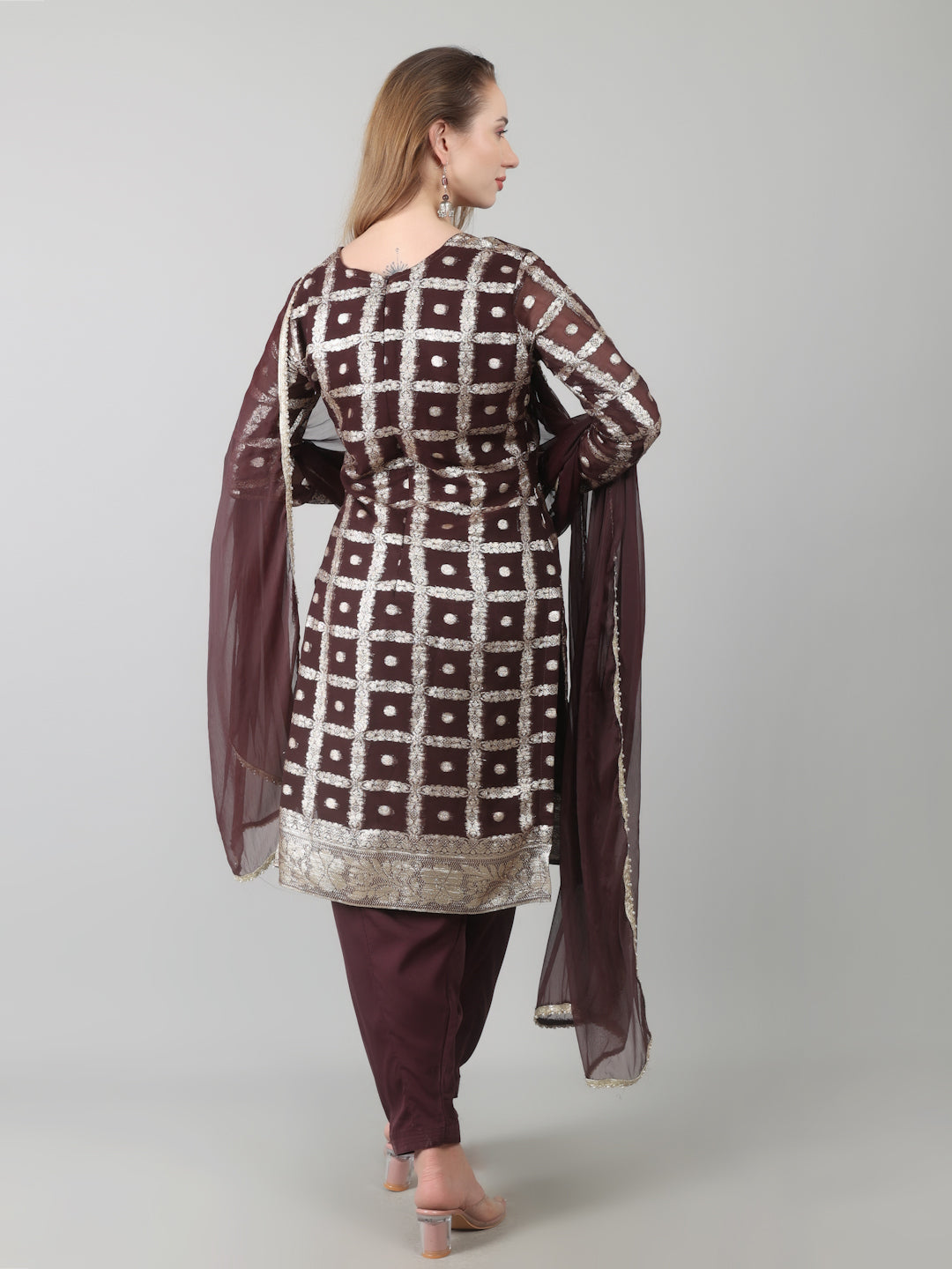 Brown Colour Georgette Jacquard Suit Set