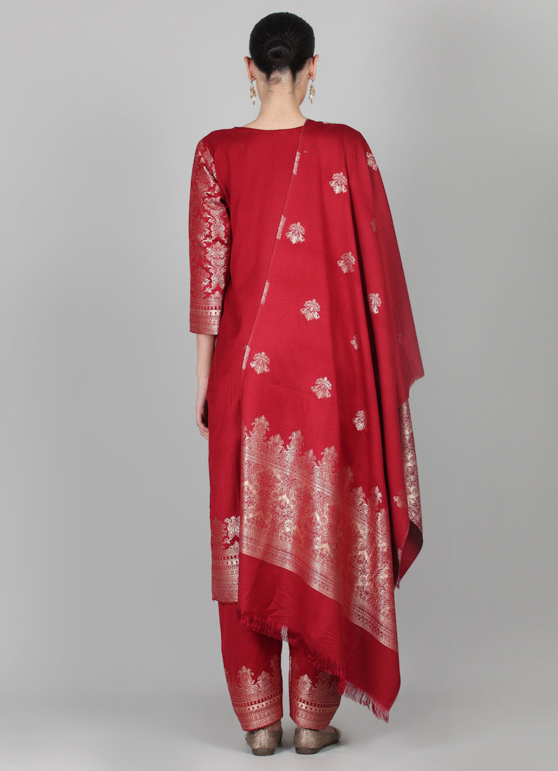 Maroon Straight Cut Shawl Suit Set