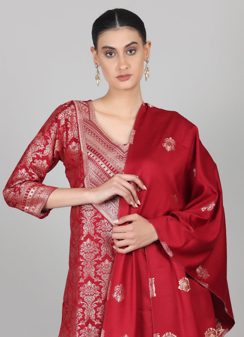 Maroon Straight Cut Shawl Suit Set