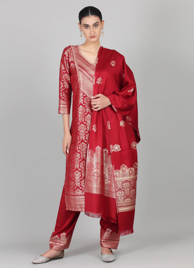 Maroon Straight Cut Shawl Suit Set