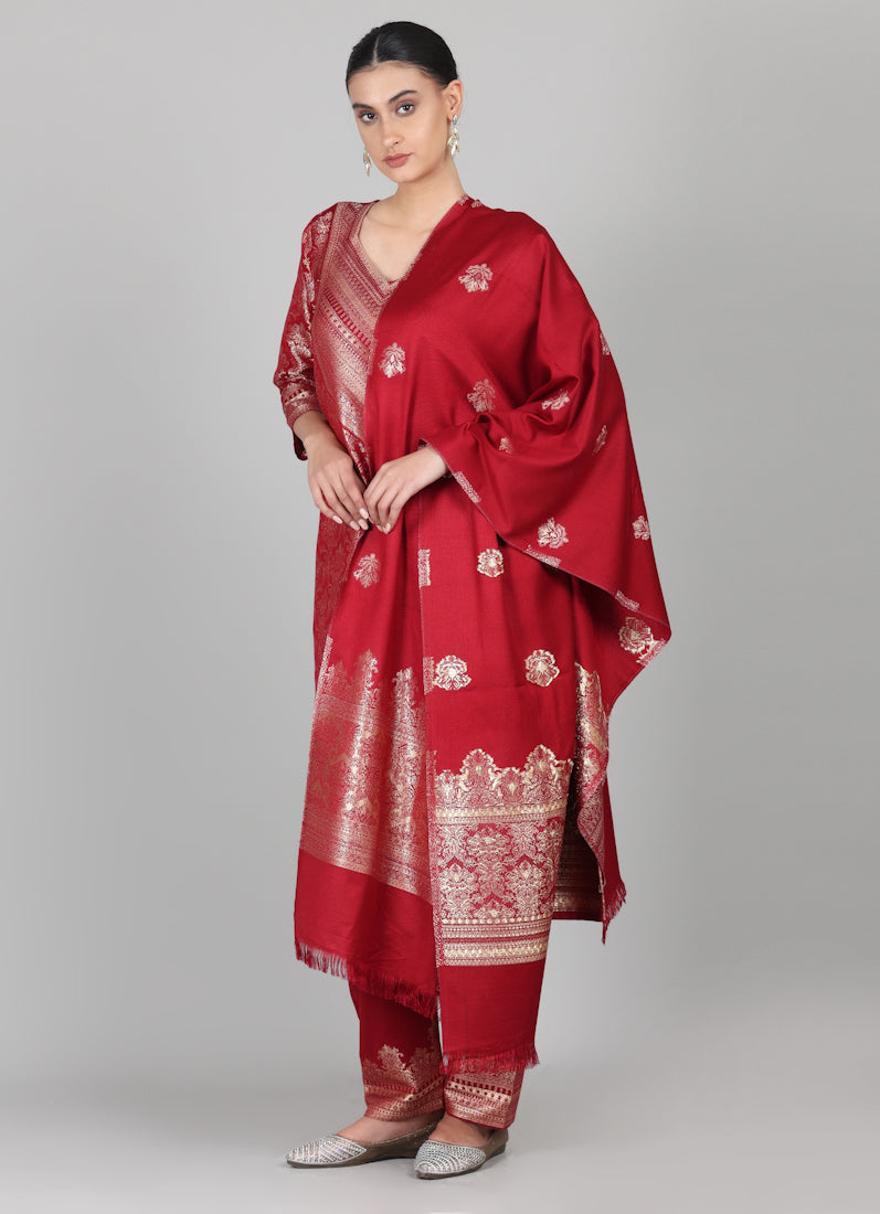 Maroon Straight Cut Shawl Suit Set