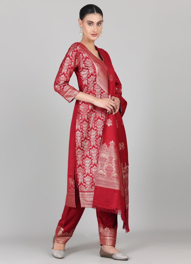 Maroon Straight Cut Shawl Suit Set