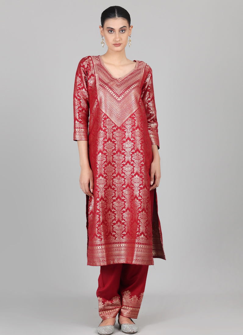 Maroon Straight Cut Shawl Suit Set