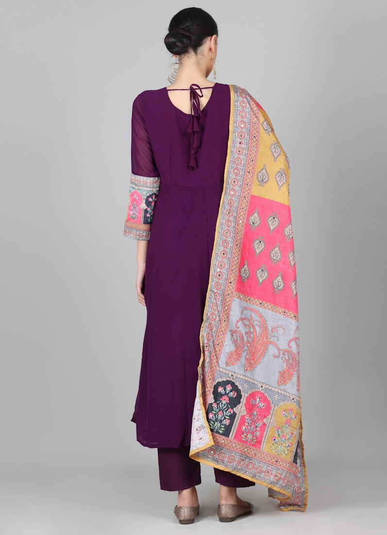 Wine Georgette Multicolour Printed Dupatta Suit Set