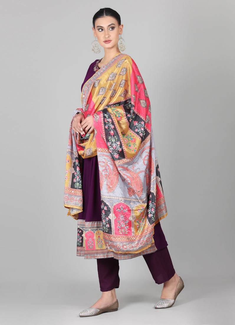 Wine Georgette Multicolour Printed Dupatta Suit Set