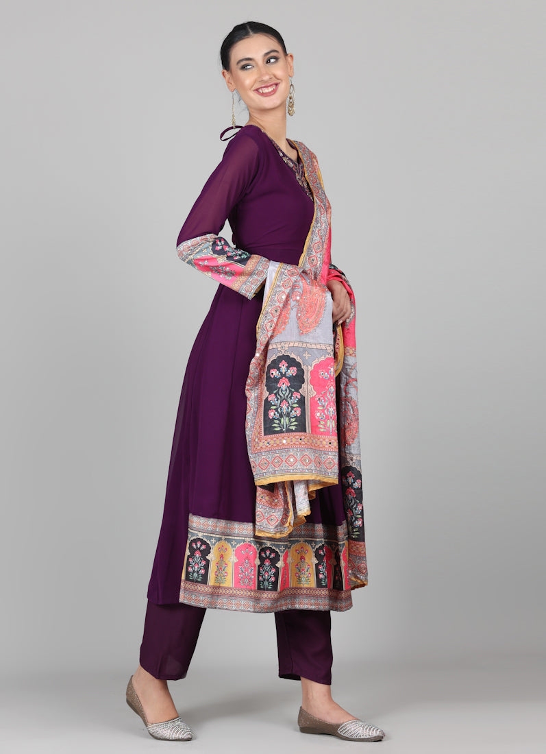 Wine Georgette Multicolour Printed Dupatta Suit Set